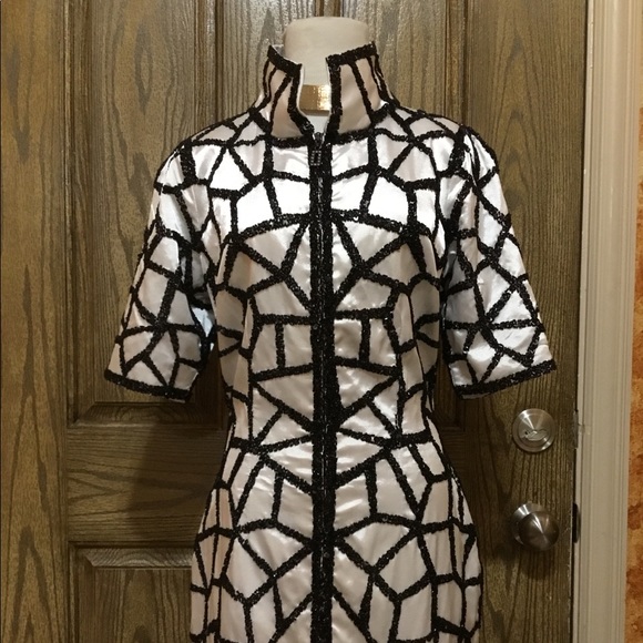 Unique beaded shimmering zipper split midi dress - Picture 2 of 8